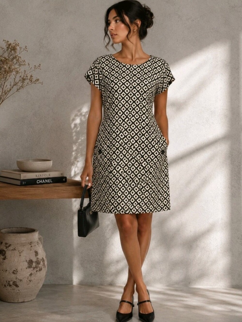 Vintage 90s Black White Mod Shift Dress Retro Stretch Plus Size 16W